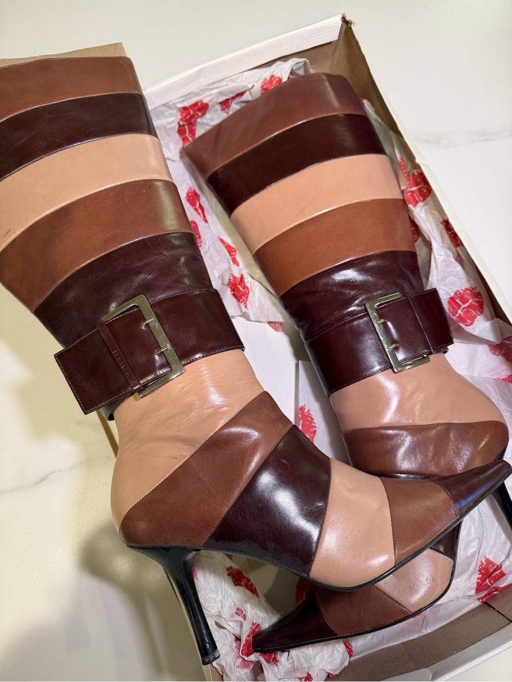 RARE Vintage Y2K Brown Patchwork Leather Knee High Stiletto Boots Sz 9